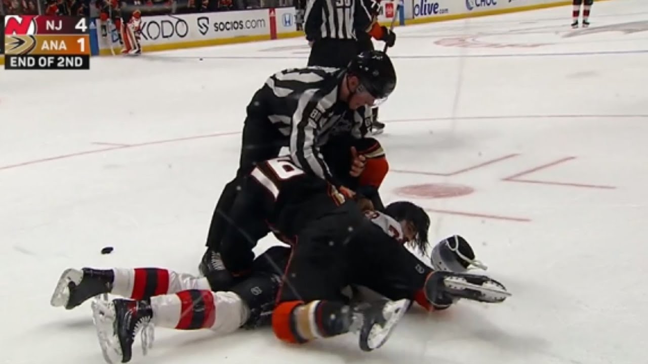 Anaheim Ducks Vs New Jersey Devils End Of Period Scrum