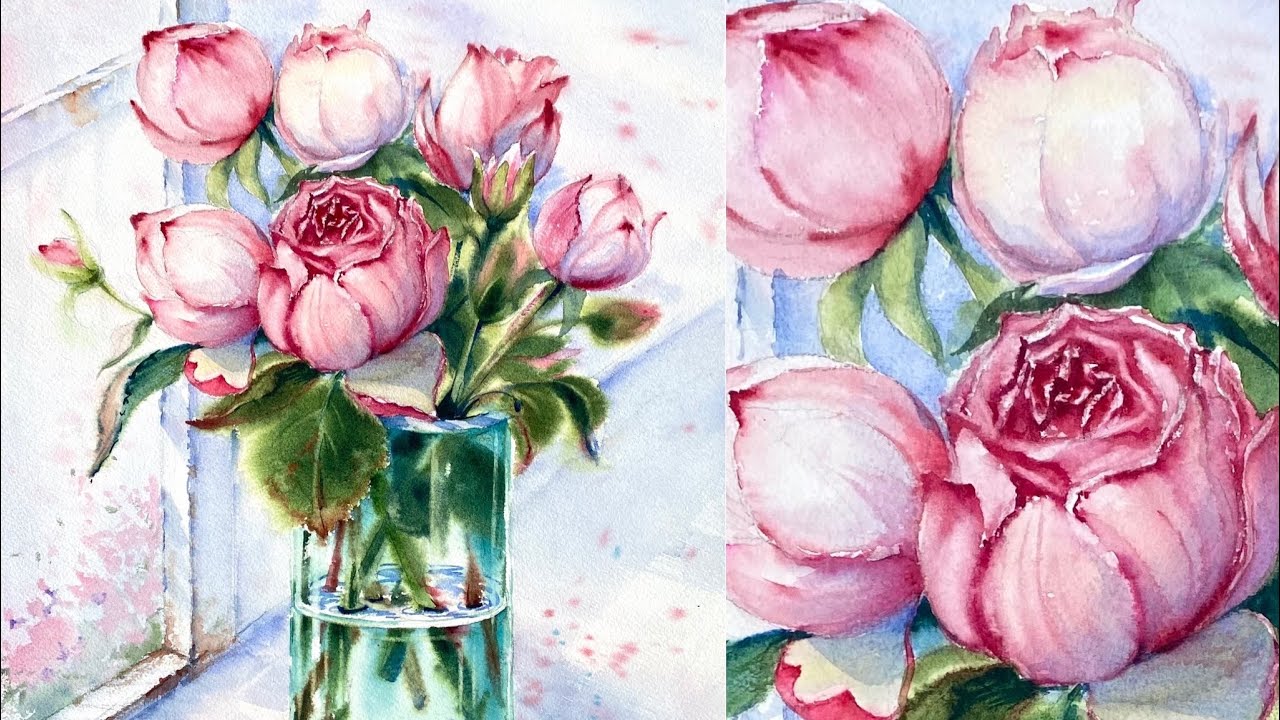 Roses in a Pot Beside Widow- Light and Shadow- Watercolor Painting Tutorial Step by Step