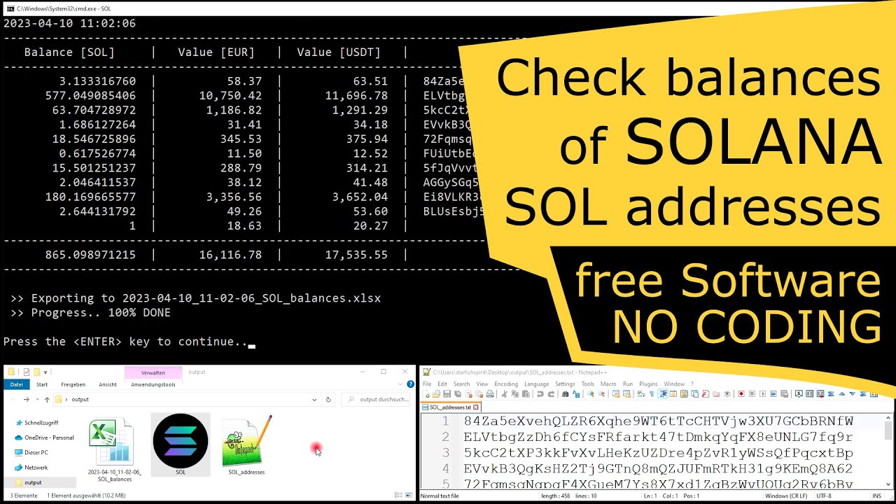 Check Solana SOL addresses balances - No coding - FREE software