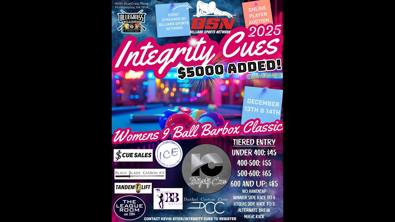 $5,000 Added &mdash; Integrity Cues Women&rsquo;s 9-Ball Barbox Classic Day 2 live from Bluegrass Billiards
