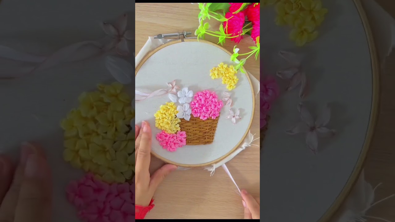 Flowers in Basket Ribbon Embroidery Tutorial😍🥰