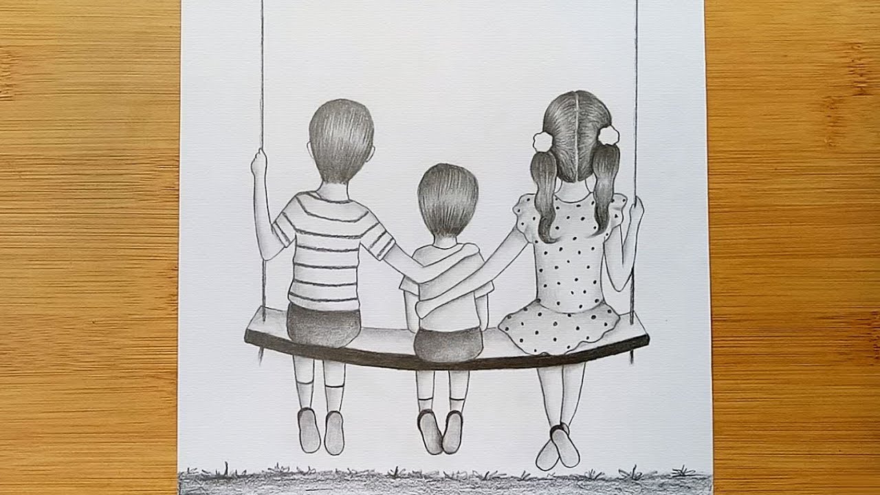 How to draw Children's Day with pencil sketch// Two Brother's and sister sitting together on a Swing