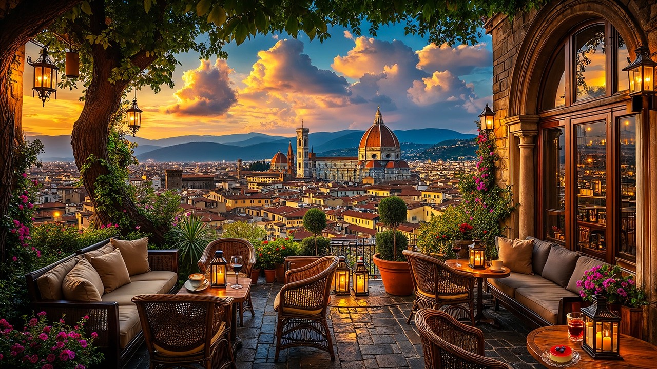 Italy Sunset Jazz in Florence ☕ Duomo Terrace Café Ambience & Smooth Jazz Music for Focus & Work