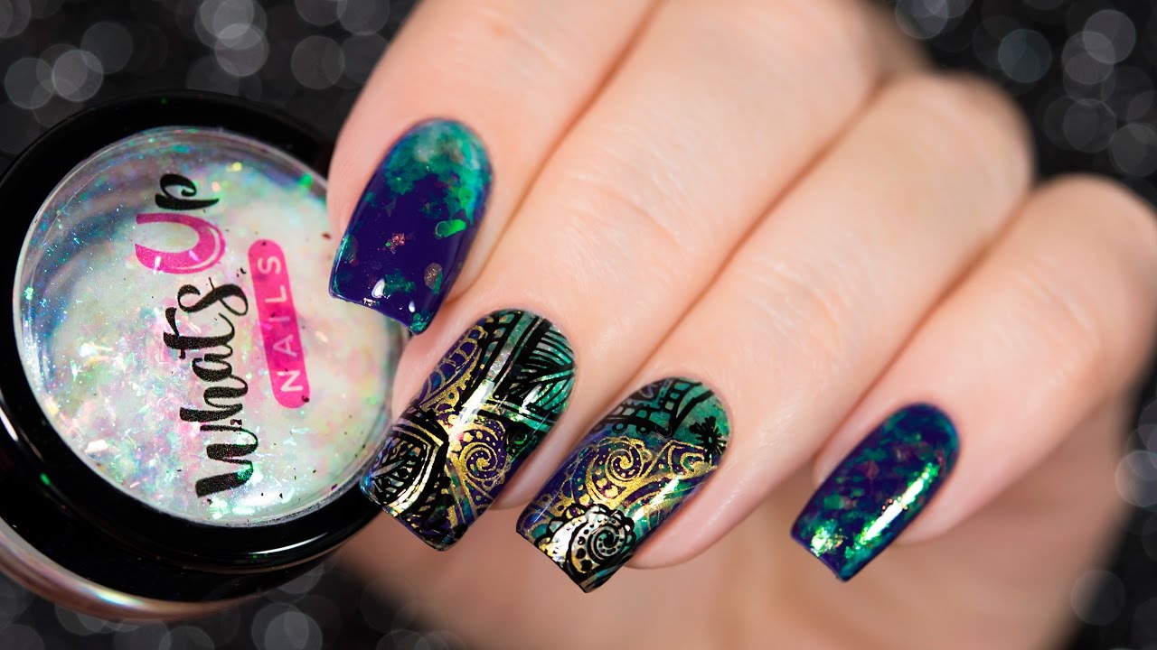 Double stamping nail art + Savanna Flakies by Whats Up Nails