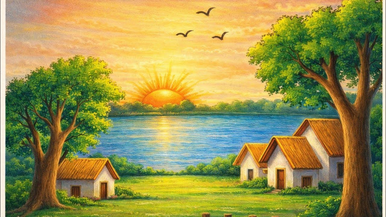 beautiful village drawing with river || easy drawing 