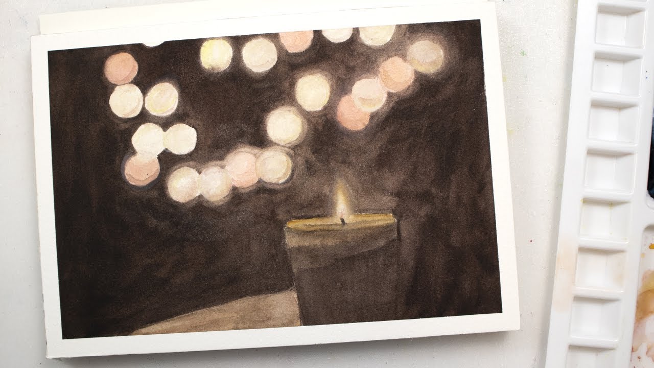 Watercolor burning CANDLE with light flares - simple winter mood painting