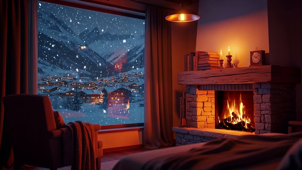 Cozy Snowy Cabin at Night | Warm Fire Sounds and Gentle Falling Snow