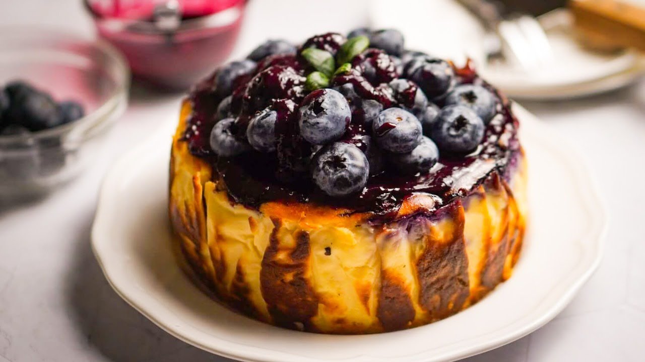 Blueberry Basque Burnt Cheesecake with Blueberry Glaze