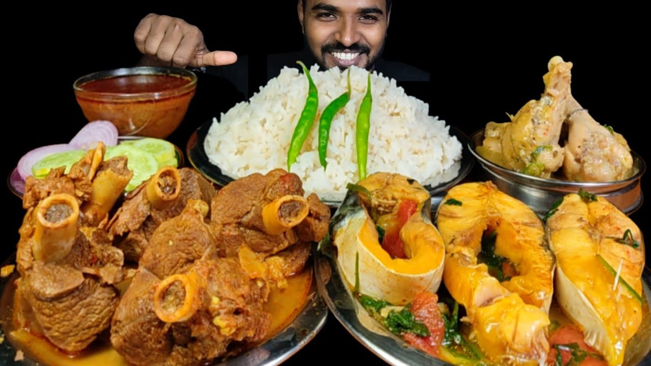 Spicy Mutton Curry with Rice, Boiled Fish, Lemon Chicken Curry & Salad Mukbang