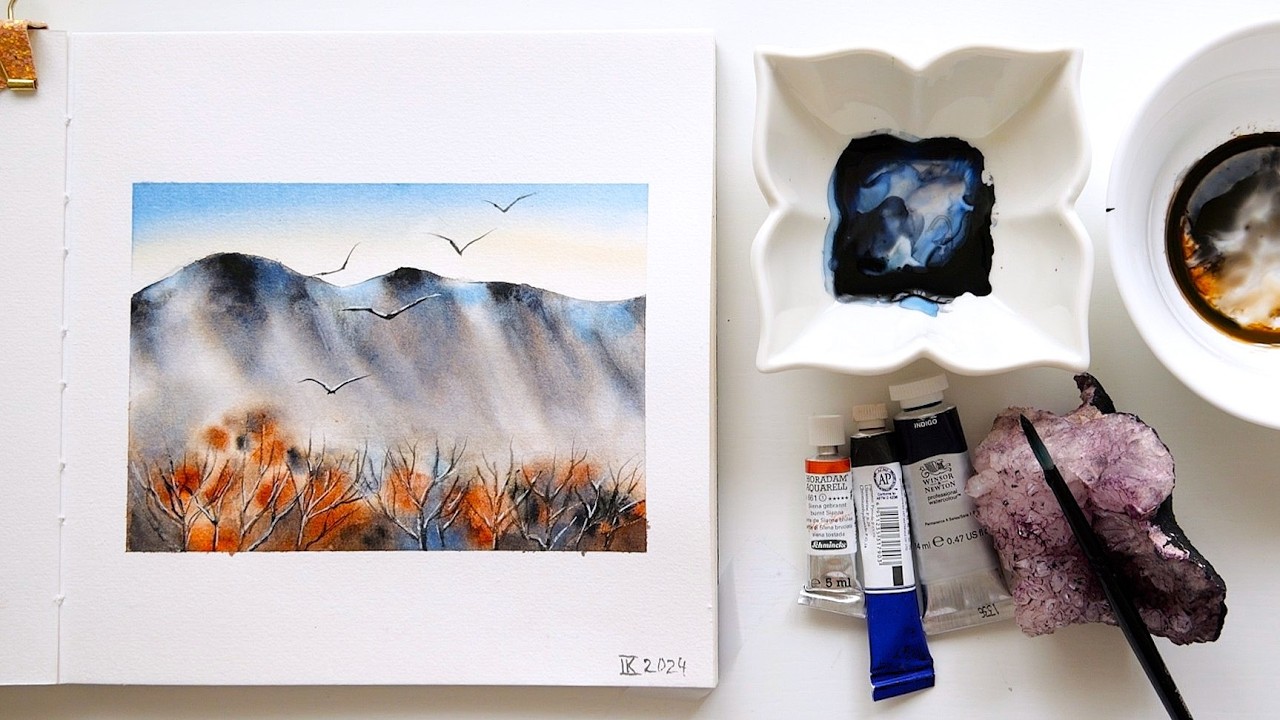 Watercolor Mini Landscape Painting Tutorial: Smoky Mountains and Birds