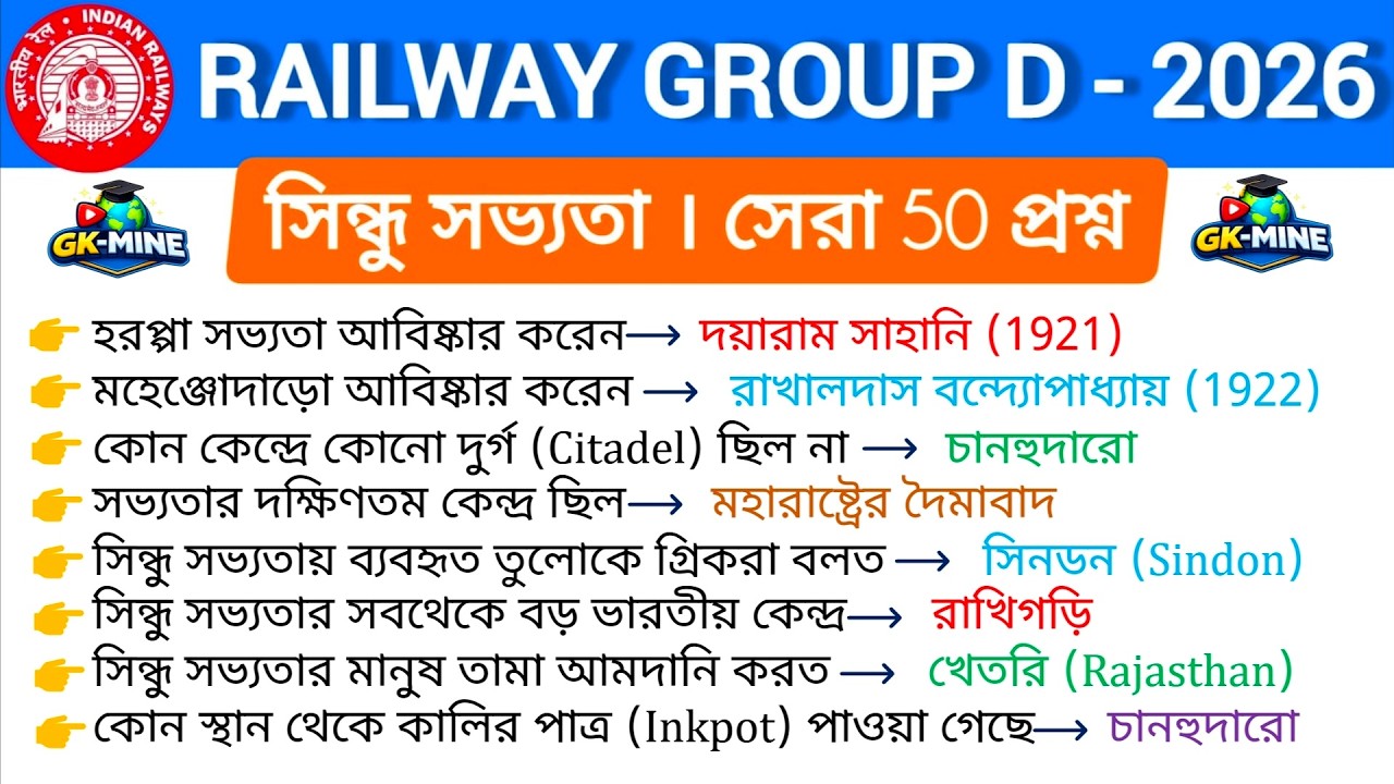 সিন্ধু সভ্যতা । Indus valley civilization। RRB Group D 2026। Top 50 previous year MCQ। Wbp। Kp।