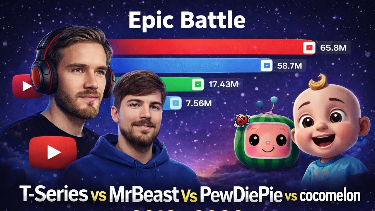 T-Series vs MrBeast Vs PewDiePie vs cocomelon 2010-: 2026