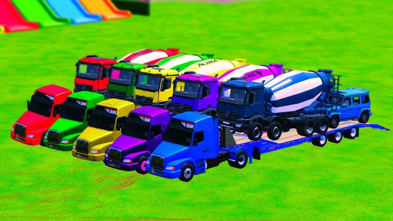 LONG FLATBED TRAILER - Transporting Scania Truck ,All Colorful Mixer,  DumpTruck And Man - FS22 #2