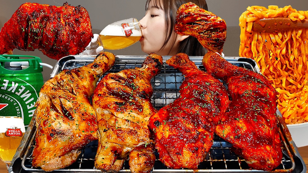 Sub)Cooking Mukbang- Гигантская куриная голень 🍗 (Острая, соевый соус 🔥)Buldak🍜 Разливное пиво🍻 ASMR