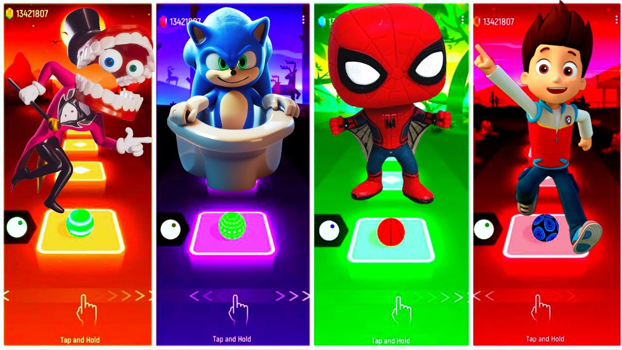 Digital Circus 🆚 Sonic_Origins 🆚 Spider Man 🆚 Paw Patrol Ryder. Tiles Hop edm Rush 🔥 #coffindance