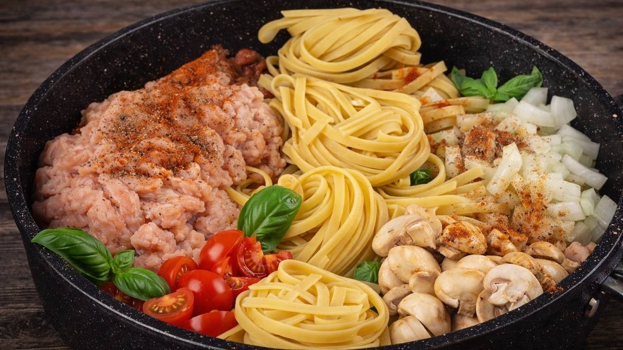Fettuccine mit Hackfleisch in einer Sahne‑Tomaten‑Sauce!