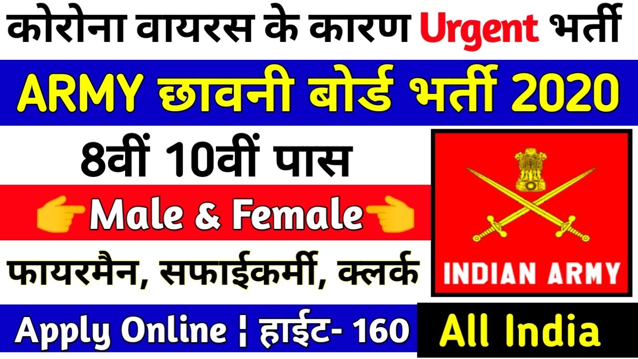 Ministry of defence recruitment 2020 / 10th Pass Job / Cantonment board 2020 / All India male/female