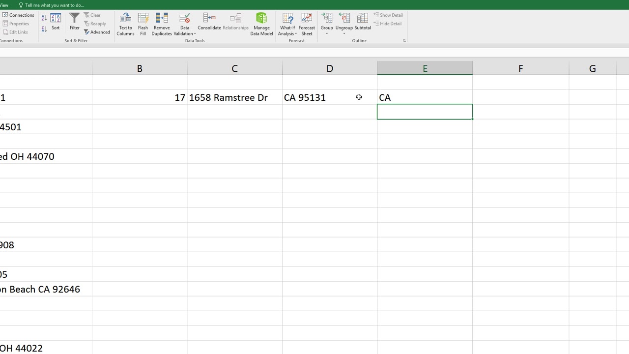 Splitting a full address into three or more separate cells in excel.