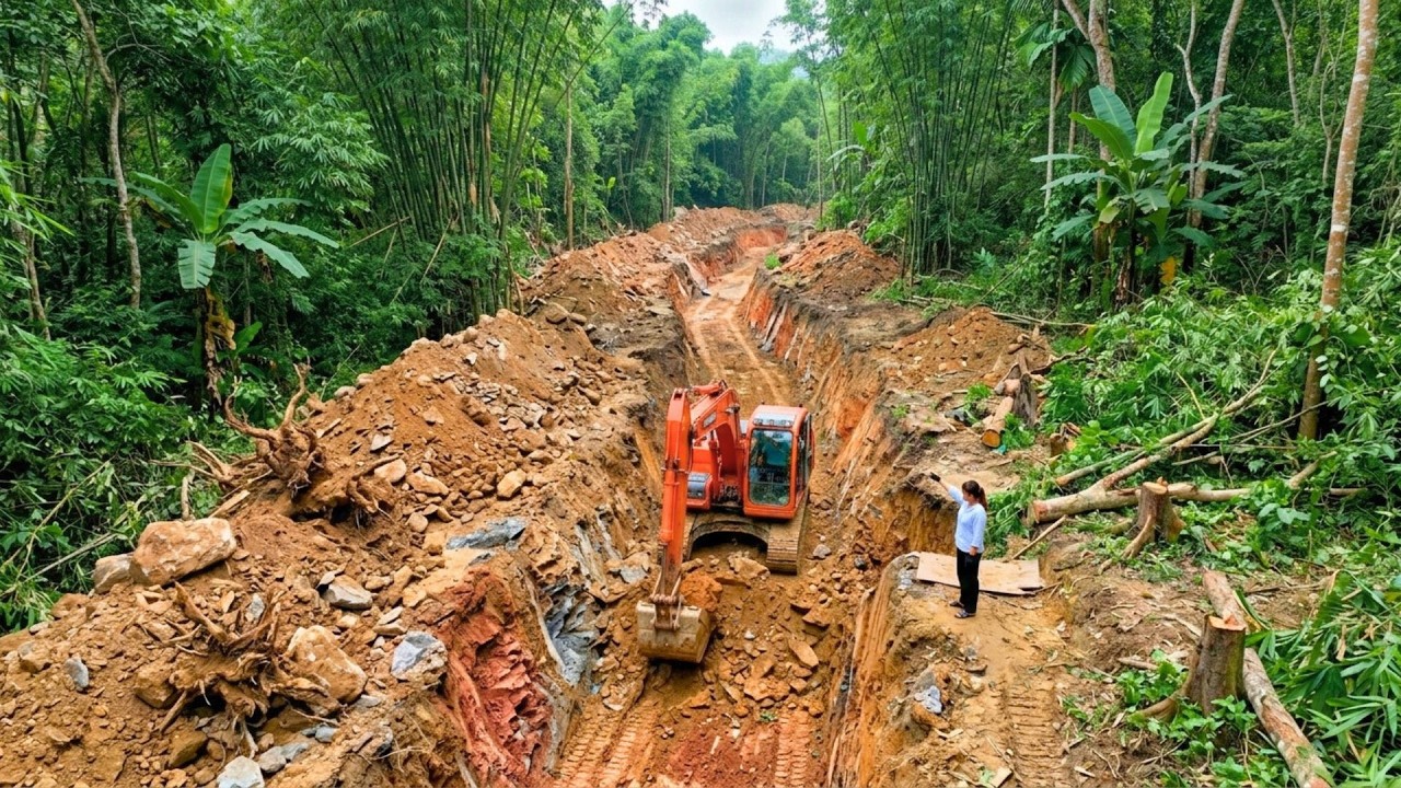 Building A Small Canal In The Forest With An Excavator To Bring Free Water To The Farm