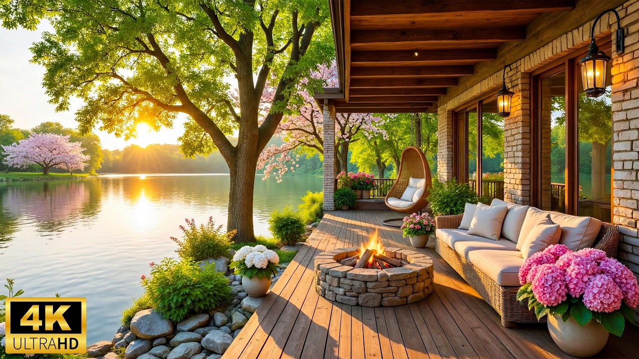 Spring Sunset Porch Ambience ☘️ Gentle Piano Music & Fire Pit for Relaxation