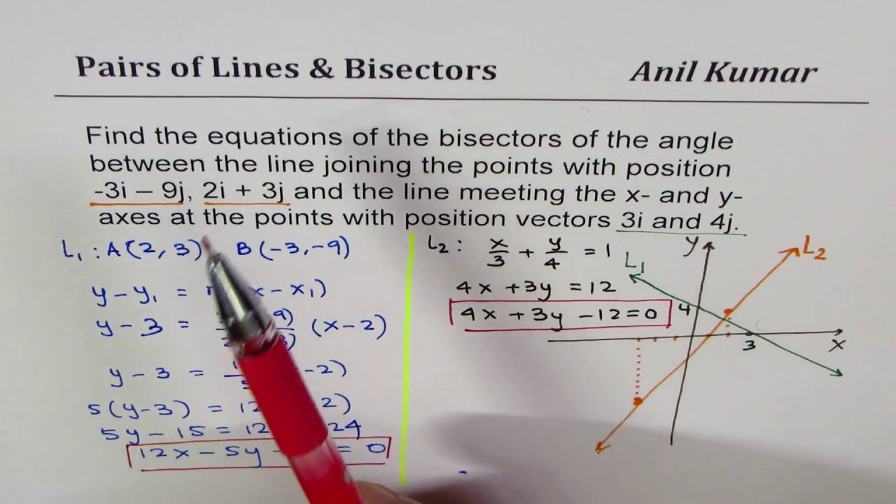 How to find equation of the bisector of an angle between two intersecting lines | Lines