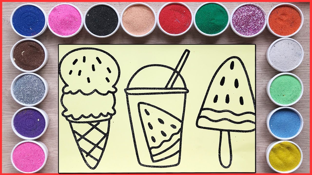 TÔ MÀU TRANH CÁT CÂY KEM DƯA HẤU, KEM SOCOLA, KEM DÂU... Colored sand painting ice cream (Chim Xinh)