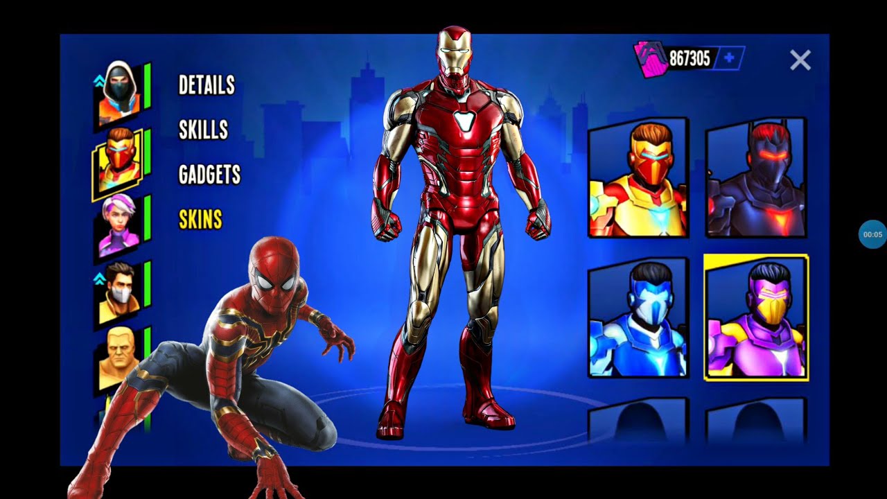 I unlocked Original Iron man SKINS in spider fighter 3