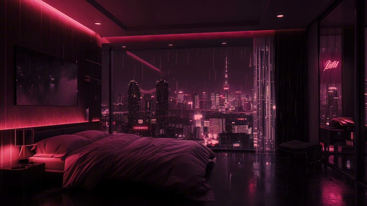 Celestia City | Calm Red Room City Lights View | Relaxing Soothing Background Rain Sounds | 1 Hour