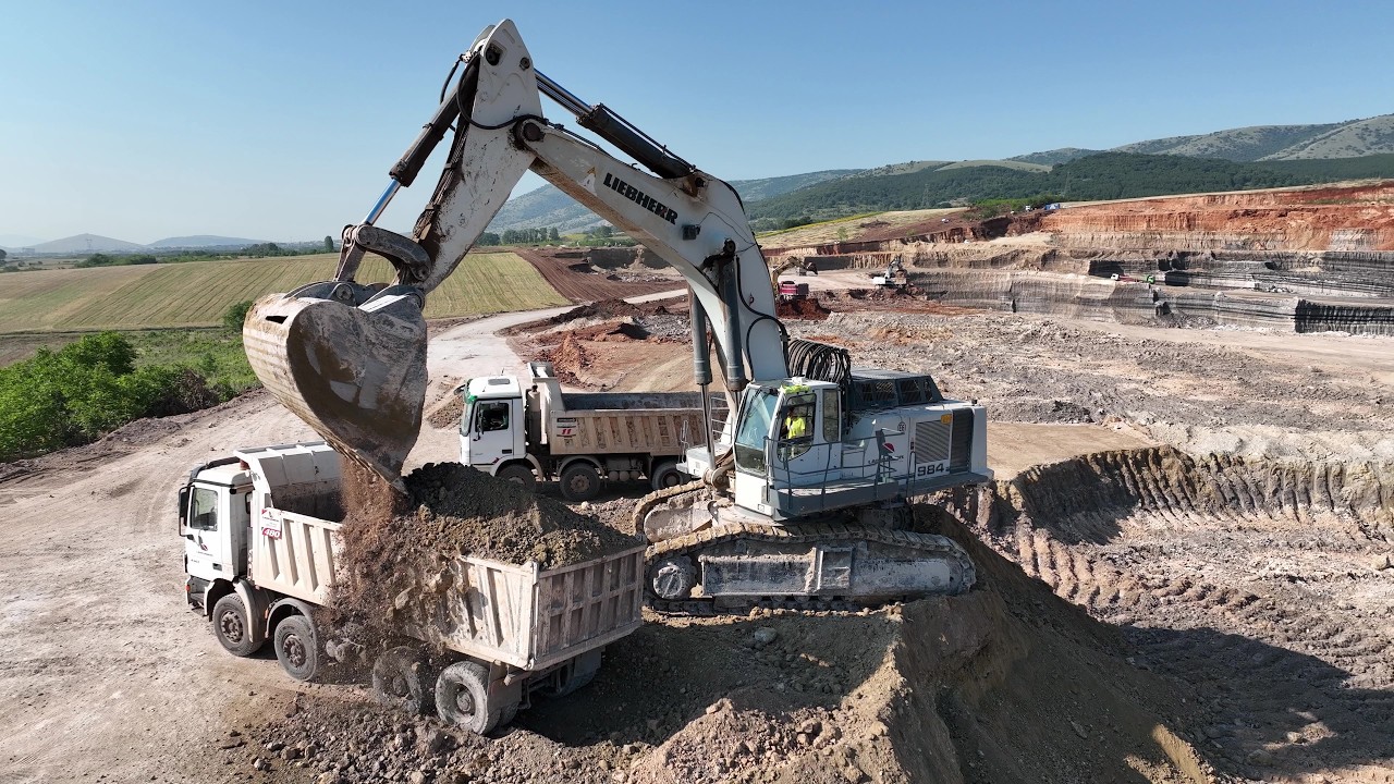 Liebherr 984 Excavator Loading Soil On Trucks - Drone Video 4k - Labrianidis Mining Works