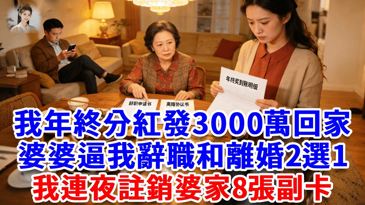 我年終項目分紅發3000萬回家，婆婆逼我辭職和離婚2選1，我聽媽媽的話果斷簽字，連夜註銷婆家8張副卡，婆家小年雨夜睡公園，太解氣！#思妤說故事#為人處世#生活經驗#情感故事#晚年哲理#說故事#完結文