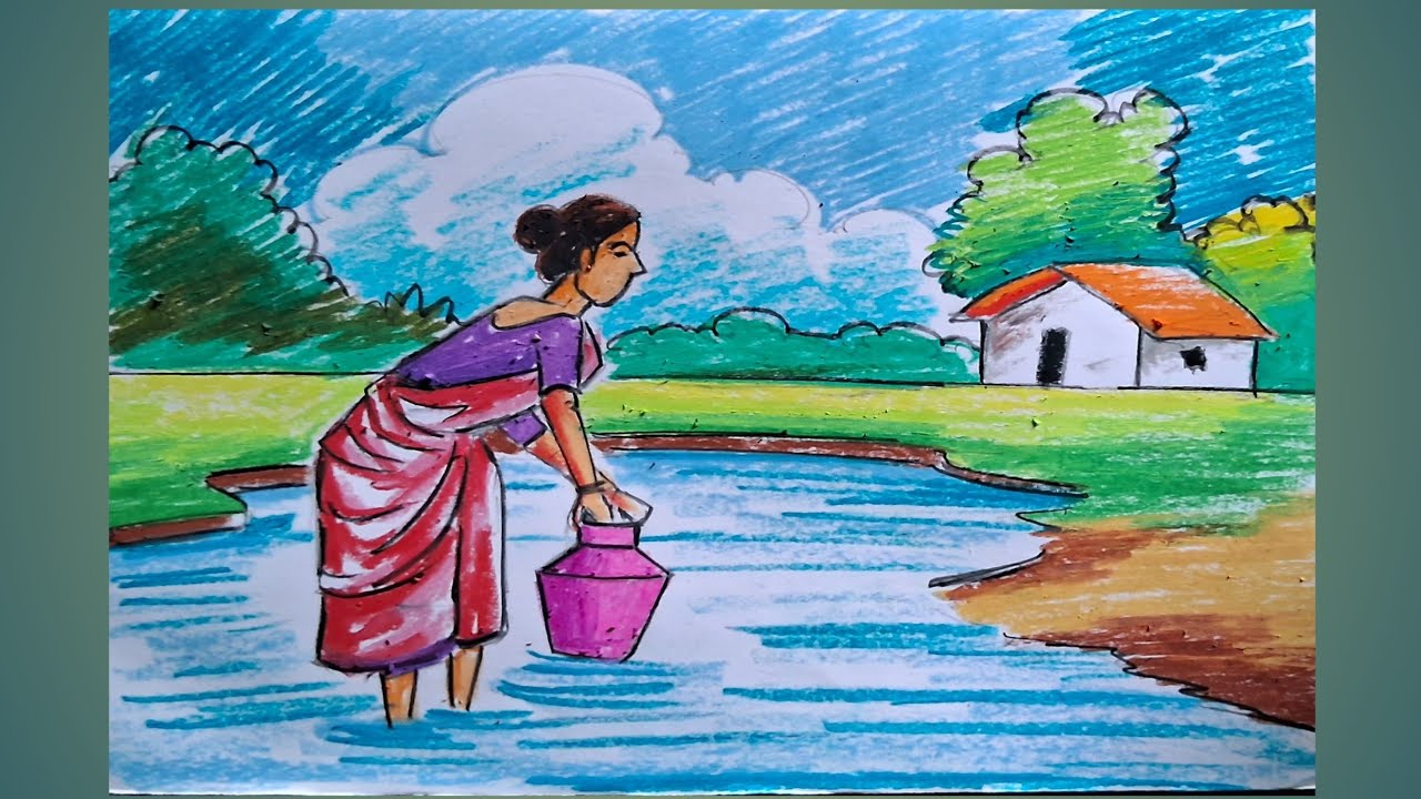 Beautiful Village scenery Drawing|| Oilpastel Drawing||