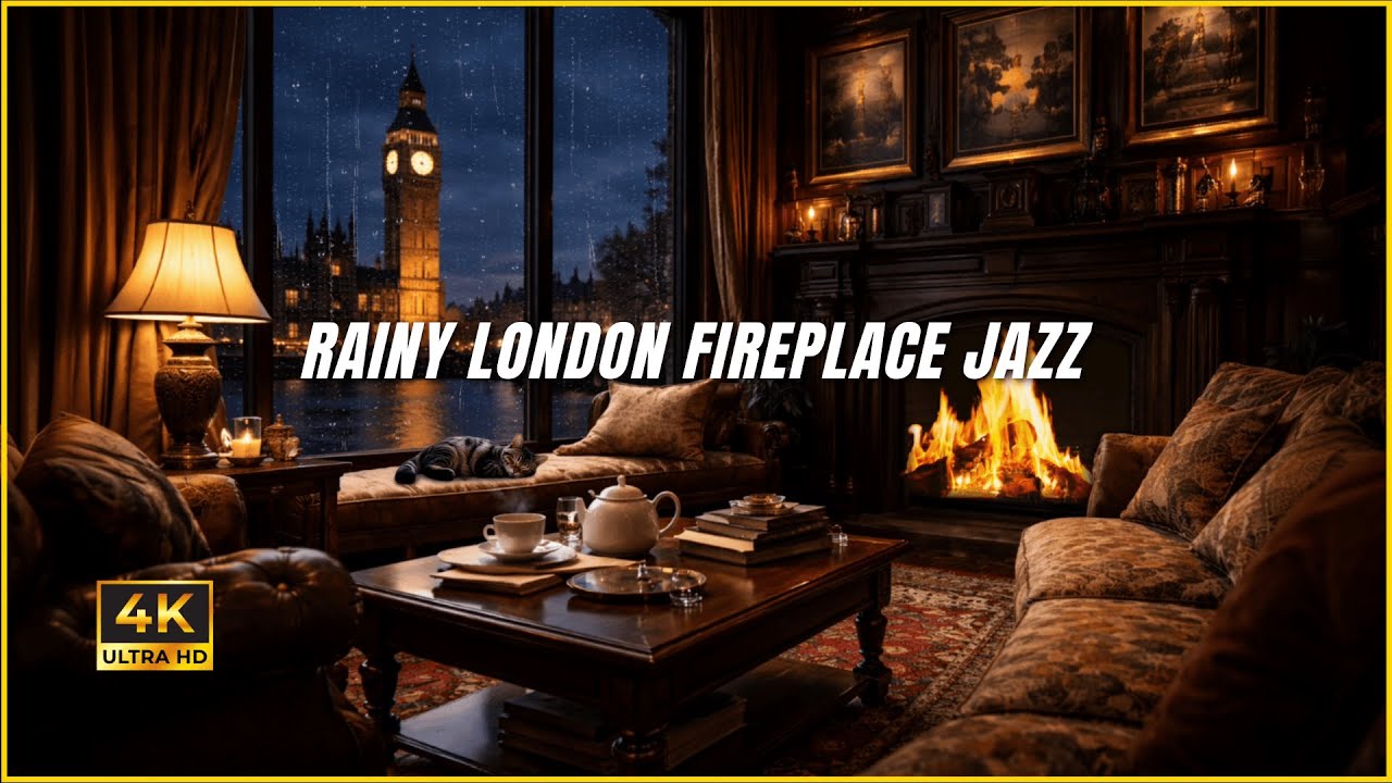 RAINY LONDON FIREPLACE JAZZ (4K) | Cozy Night Ambience, Big Ben View for Relax & Focus