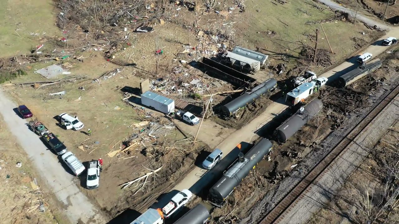 12-13-2021 Earlington, KY - Structures Destroyed - Rail Cars Thrown and Decoupled - Devastation