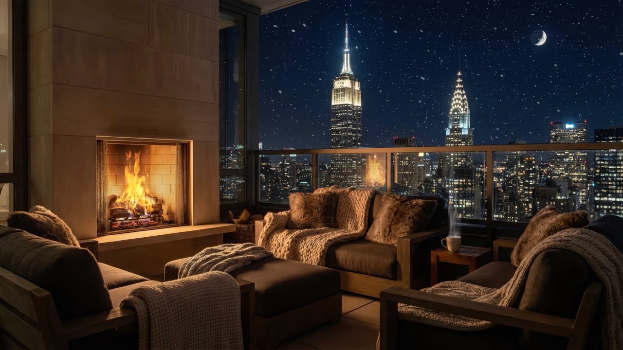 New York City Midnight on a Snowy Balcony Ambience 😴❄️🌃 (Fireplace Sound)