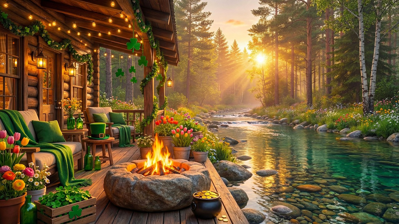 St. Patrick’s Day Relaxing Riverside Cabin Porch 🍀🔥 Cozy Fire Pit & Nature Sounds for Stress Relief