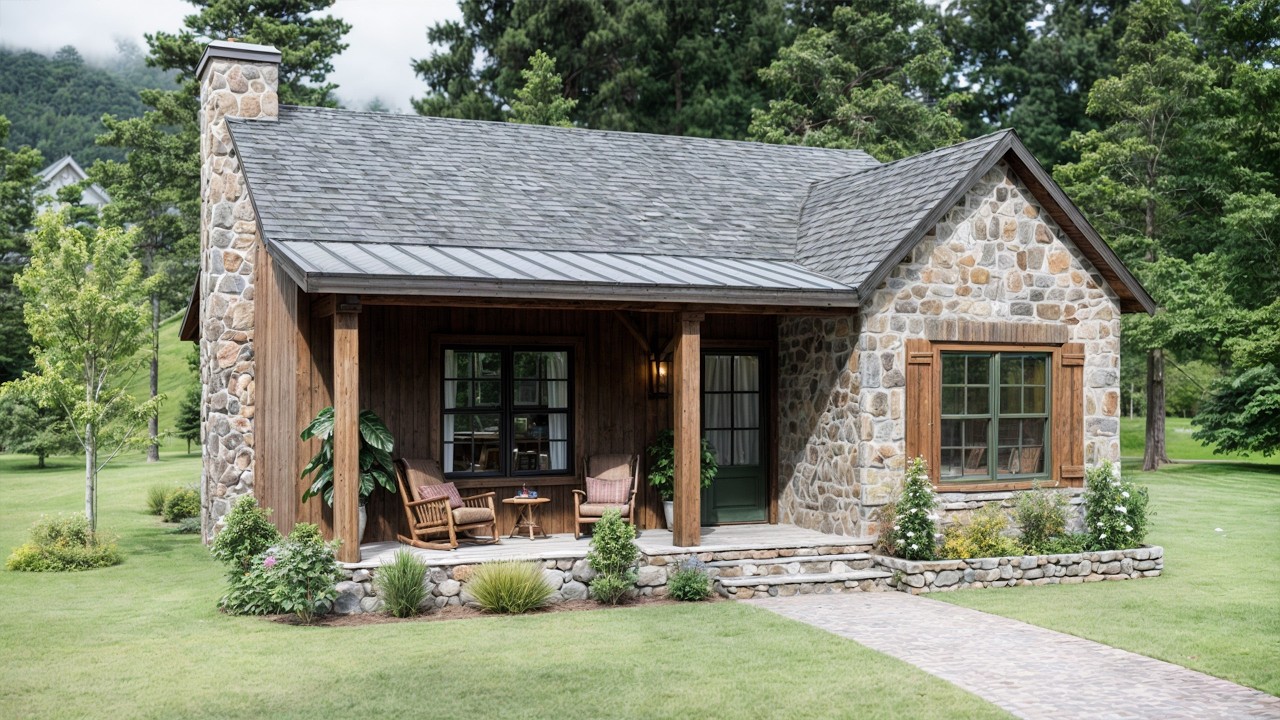 29'x42' (9x13m) Possibly The Perfect Rustic Stone & Wood Cabin | Small House Plans Under 1000 sq ft