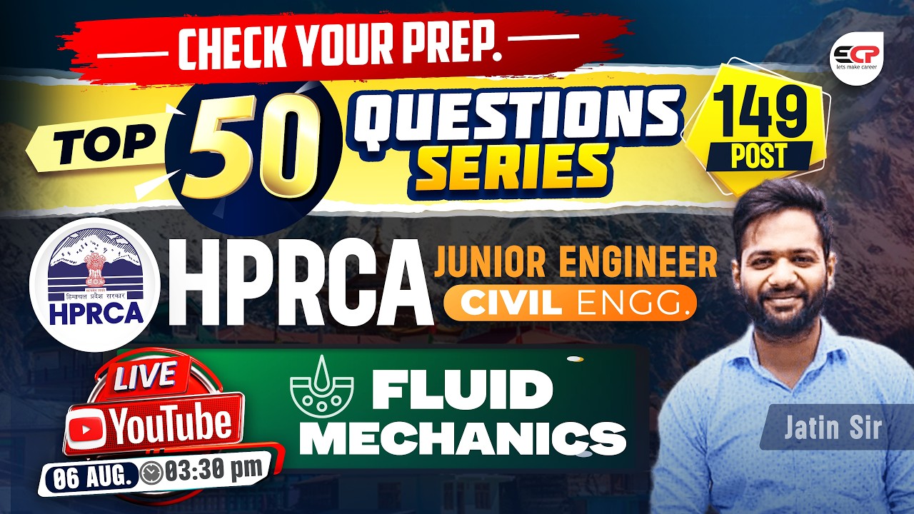 HPRCA JE Civil 2026 🚀 | Top 50 Fluid Mechanics Questions 💧 | 149 Vacancies | LIVE @ 3:30 PM | 6 Aug