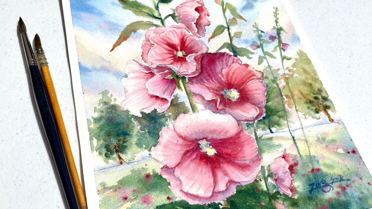 A Stalk of Hollyhock-Watercolor Painting - Tutorial Step by Step