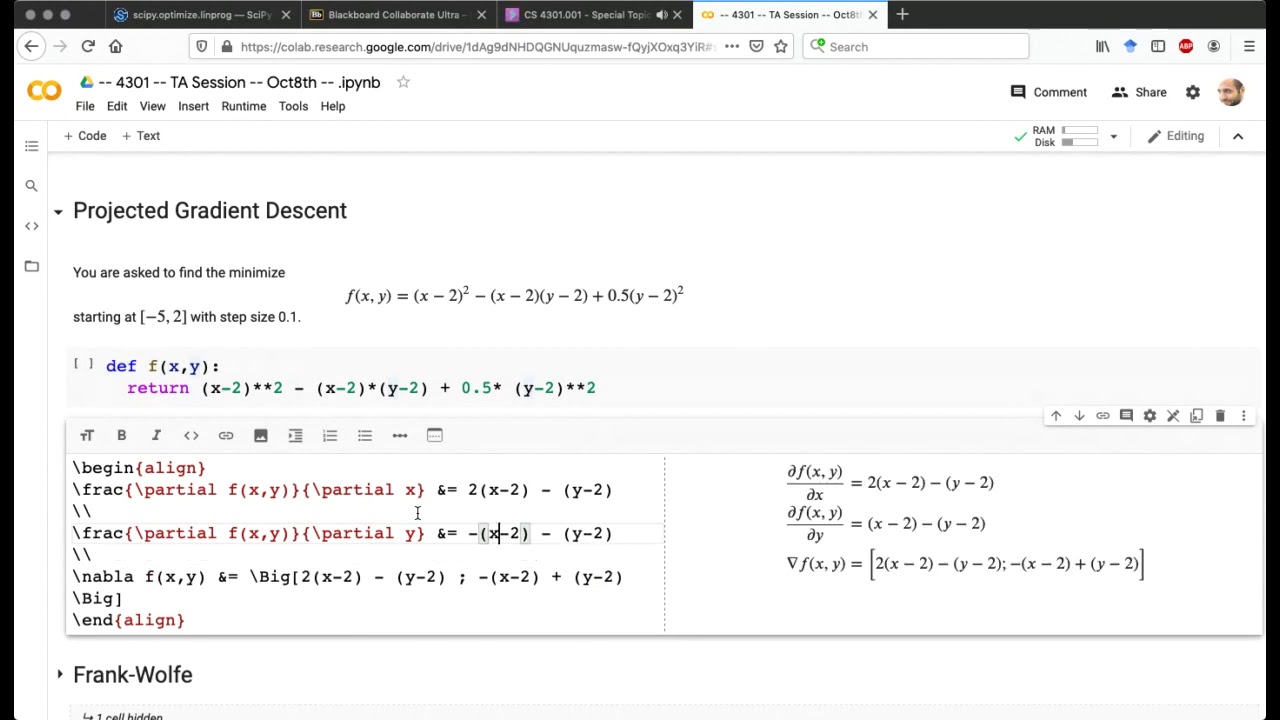 TA goes over projected gradient descent and Frank Wolfe algorithm