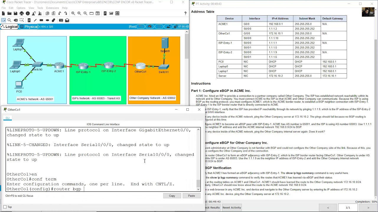 11.2.1 Packet Tracer - Configure and Verify eBGP