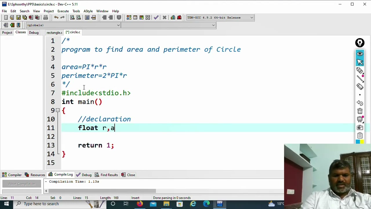 C2.3 program to find area and perimeter of a circle | using C language | Beginners