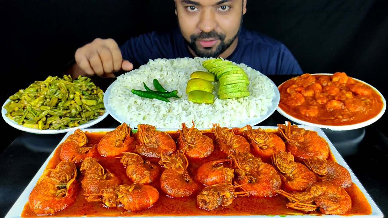 SPICY SHRIMP CURRY, PRAWN CURRY, VEG FRY, RICE, CHILI MUKBANG ASMR EATING | BIG BITES | #LiveToEATT