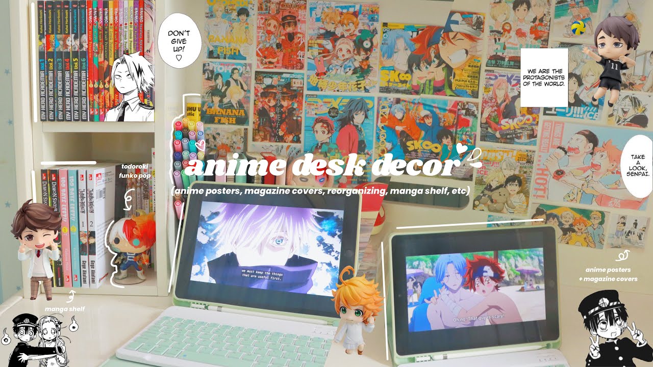 anime desk decor 🍃✨: anime magazine covers, prints, reorganizing, mini manga shelf