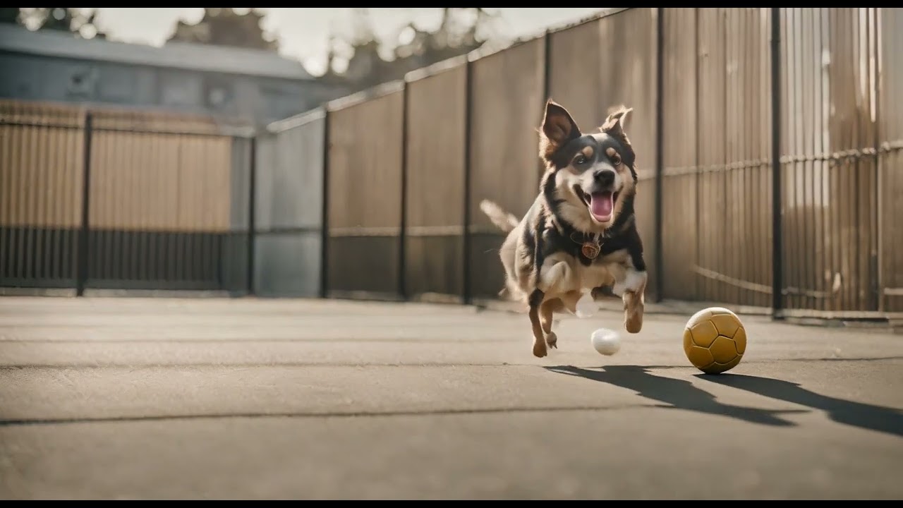 a dog kicking a ball