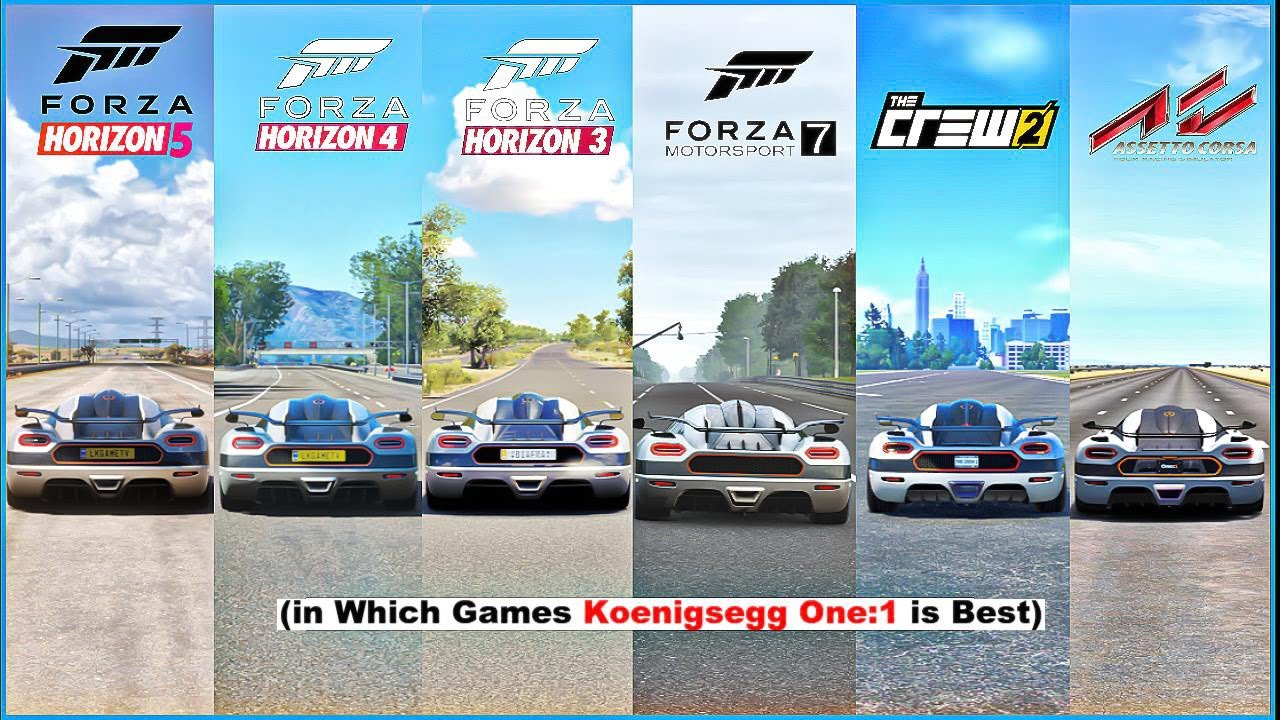 Koenigsegg ONE:1 Comparison in Forza Horizon 5, Forza Horizon 4, FH3, FM7, The Crew 2, Assetto Corsa