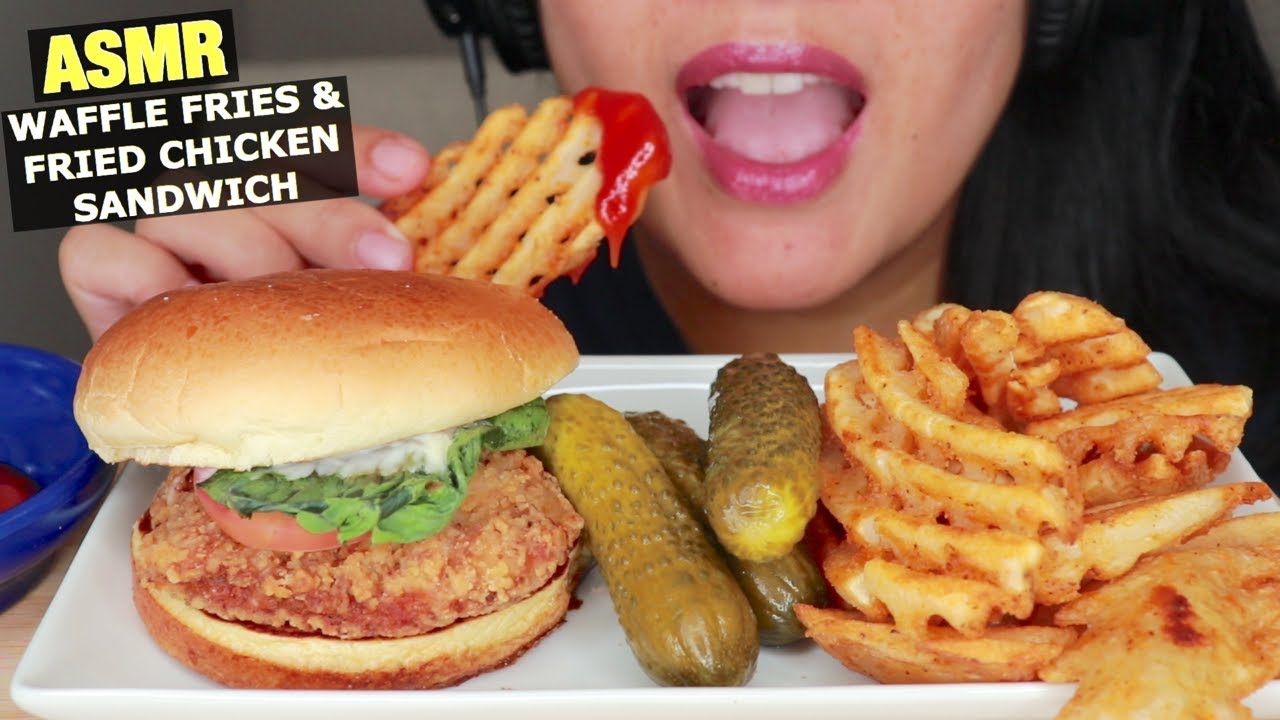 ASMR BUTTERMILK FRIED CHICKEN SANDWICH & WAFFLE FRIES - CRUNCHY EATING SOUNDS - NO TALKING
