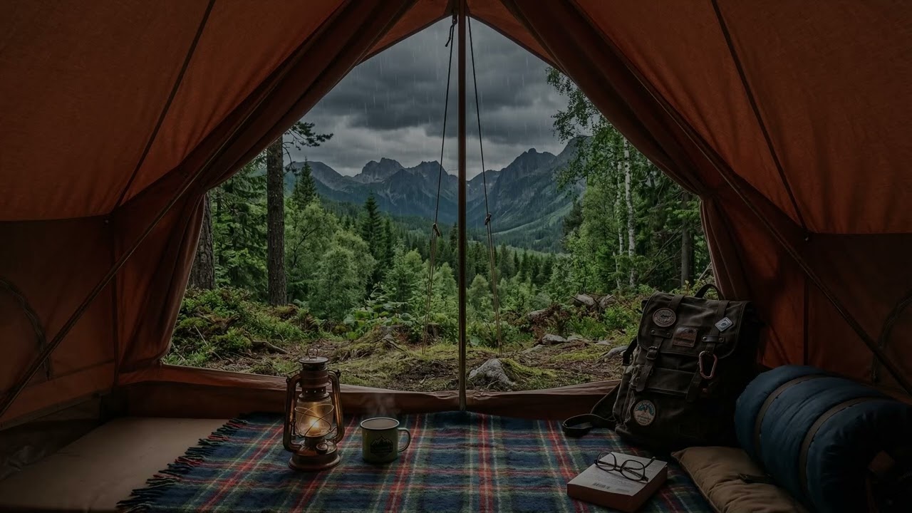 Steady Rain 🌧️ Echoing On A Camping Tent ⛺ While Cool Wind Moves Through Dark Pines 🌲