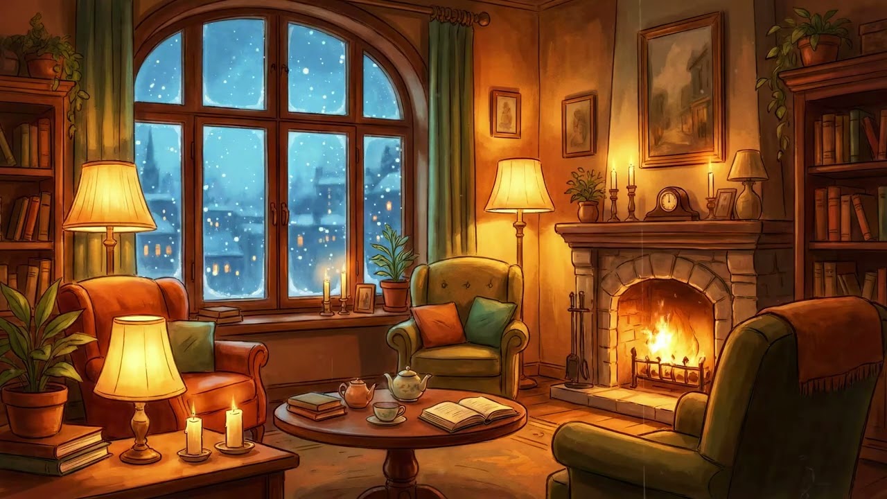 a peaceful 1950s winter night with oldies playing in another room crackling fireplace 🔥