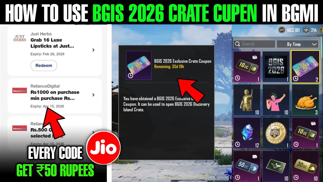 Jio Offer Every Code Get ₹50 Rupees | How To Use Bgis 2026 Crate Cupen In Bgmi 