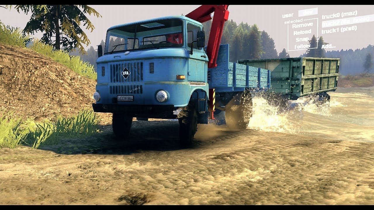 Spin Tires Dev Demo July 2013 - Flatbed IFA W50 with Manipulator Pulling a Trailer